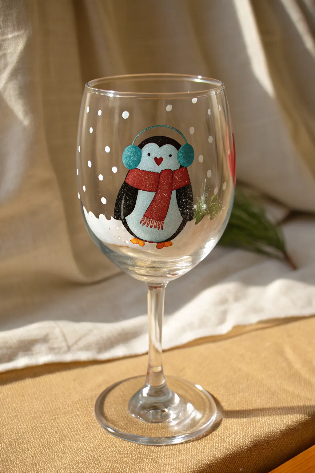 Minimalist wine glass with a cozy penguin, bold scarf and earmuffs for festive contrast