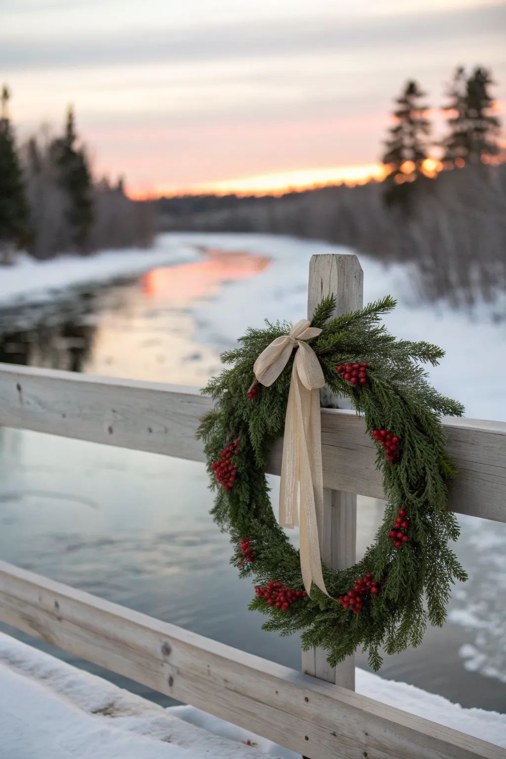 Sunrise glow on a frozen river, centered by a simple handcrafted wreath on a wooden bridge