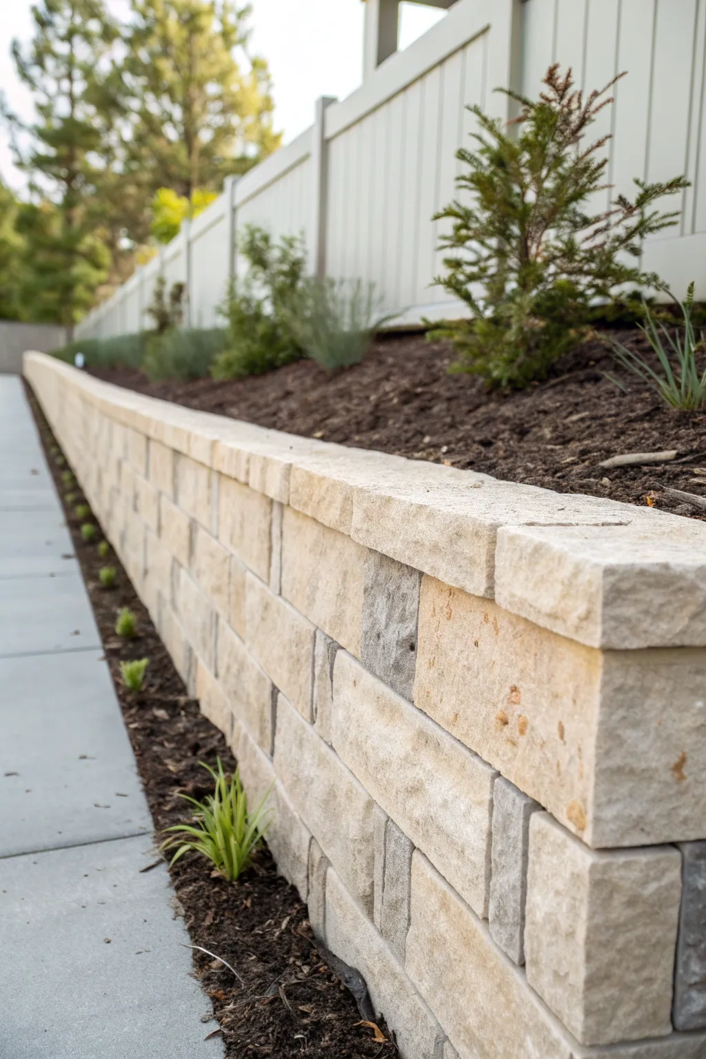 Stonewash cinder block wall in layered grays and taupes, framed by dark mulch and greenery.