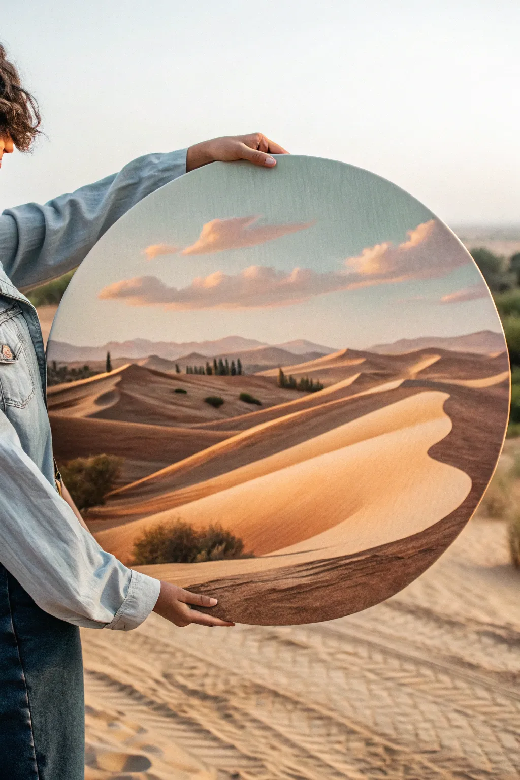 Minimalist circle canvas with rolling desert dunes in bold sunset tones, calm and modern.
