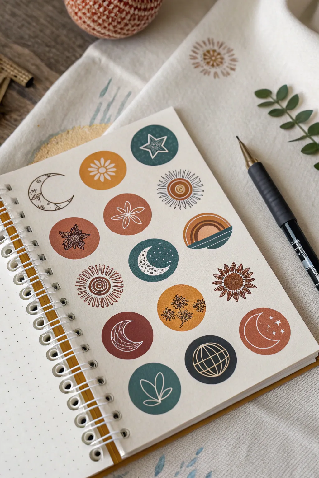 Neat grid of tiny circle doodles like a mini sticker sheet, bold colors with calm Nordic charm.