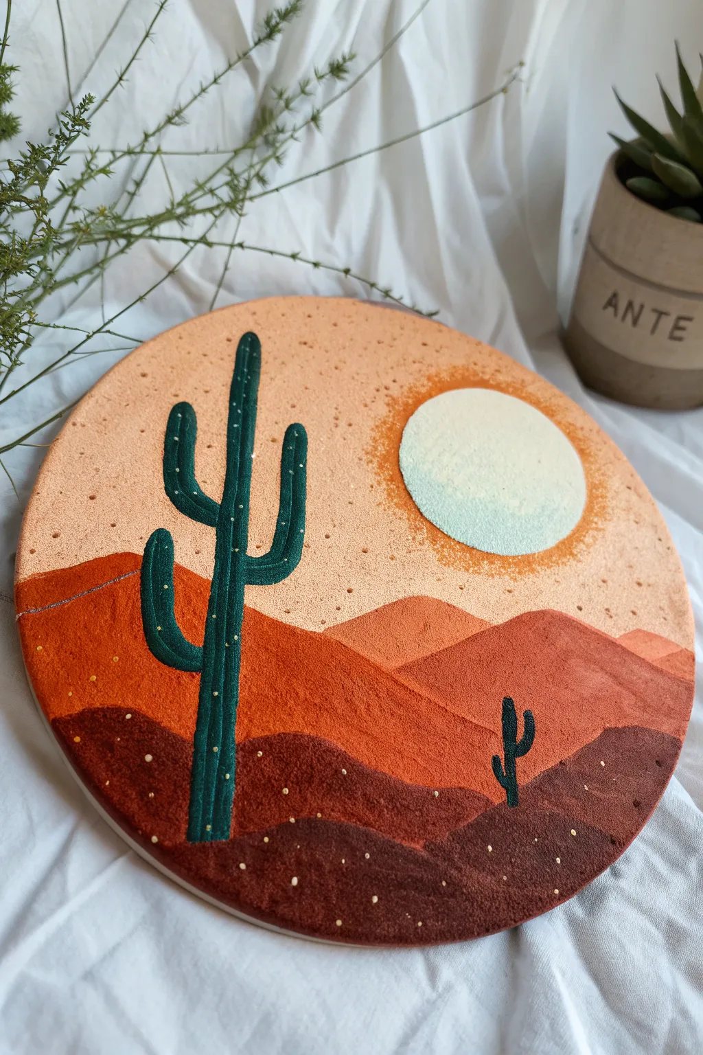 Desert sun circle painting with cactus silhouette and sandy texture for warm minimalist boho vibes