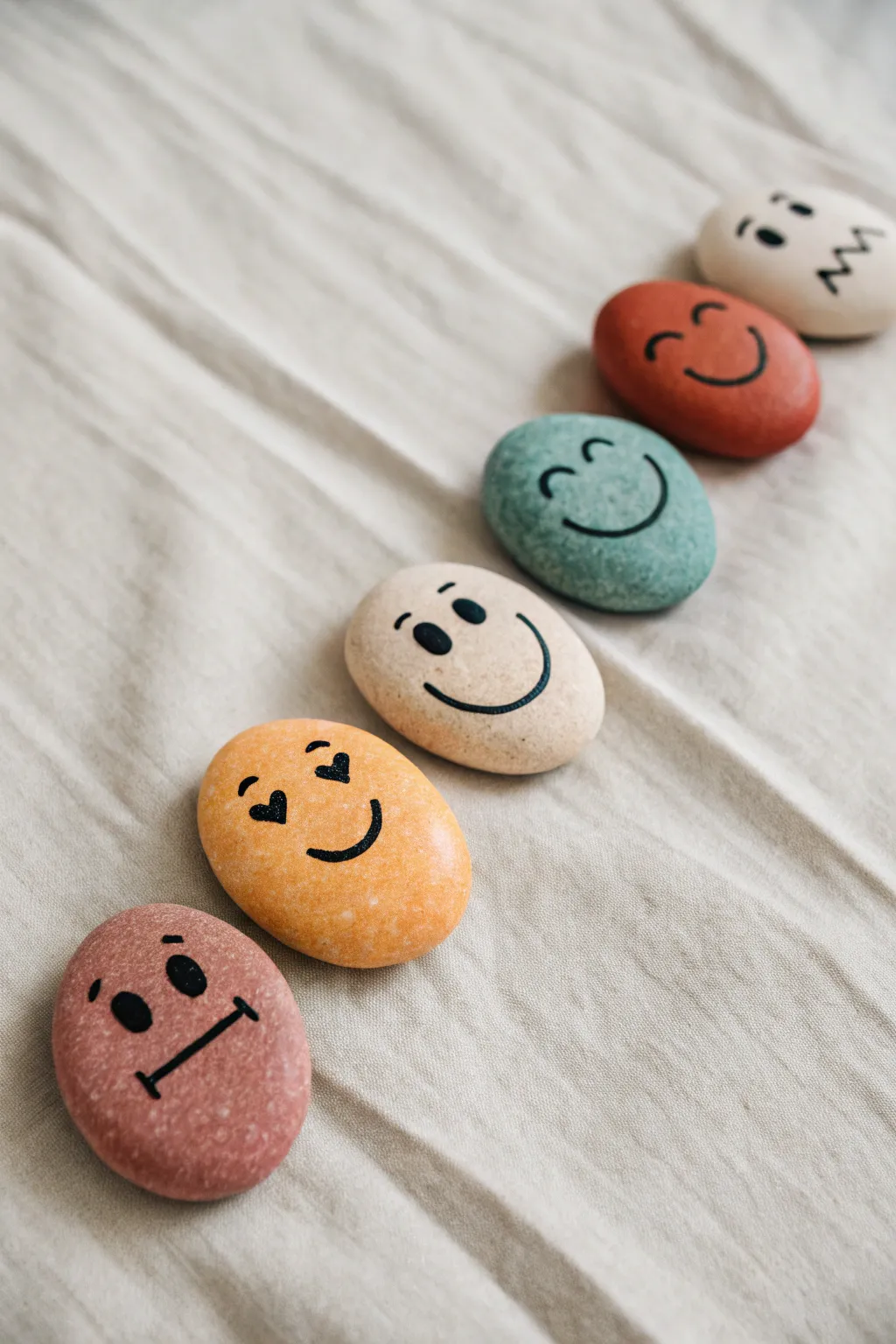 Minimal emoji-style face circle rocks in bold boho tones, clean, cute, and craft-focused