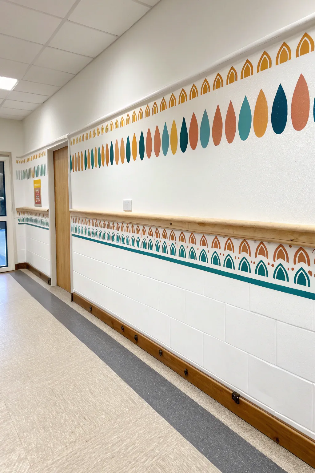 Neat paint-drip border in bold colors for a playful, minimalist classroom art area