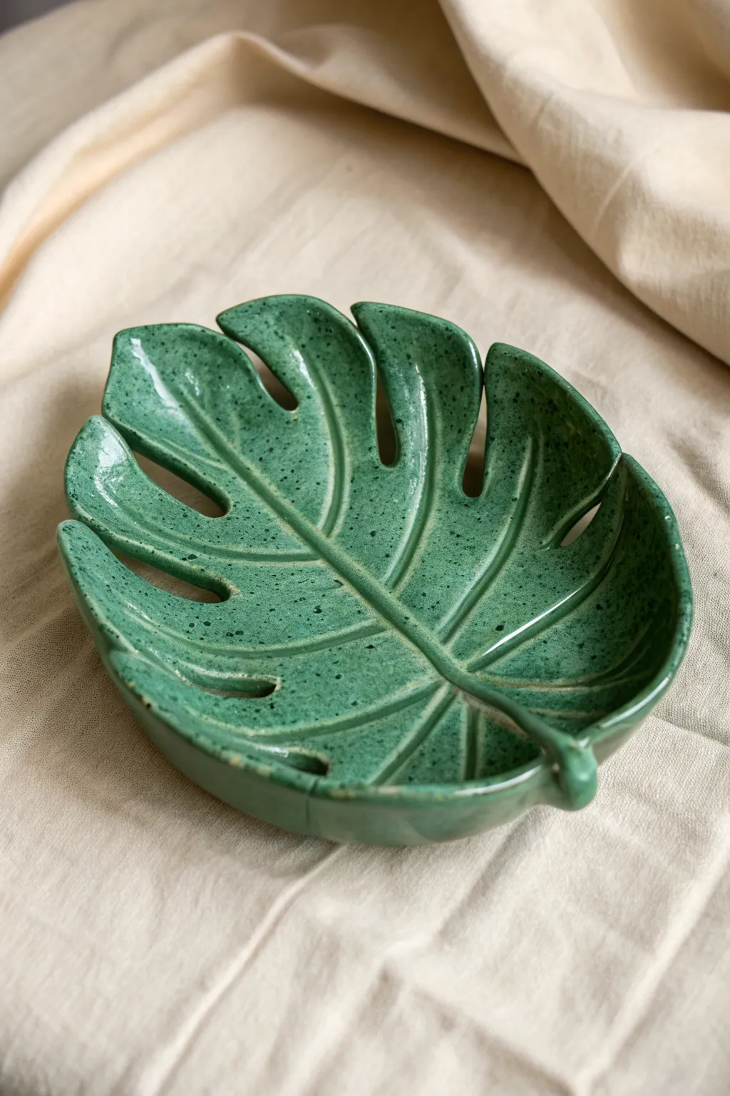 Monstera leaf clay ashtray with carved veins and cutout rests in bold emerald minimal style