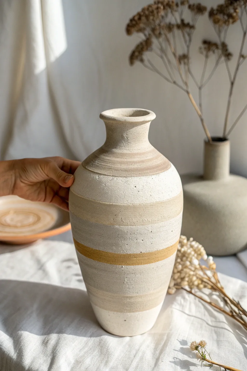 Chalky matte neutral layers on a handcrafted clay vase, soft texture with calm Scandinavian charm.
