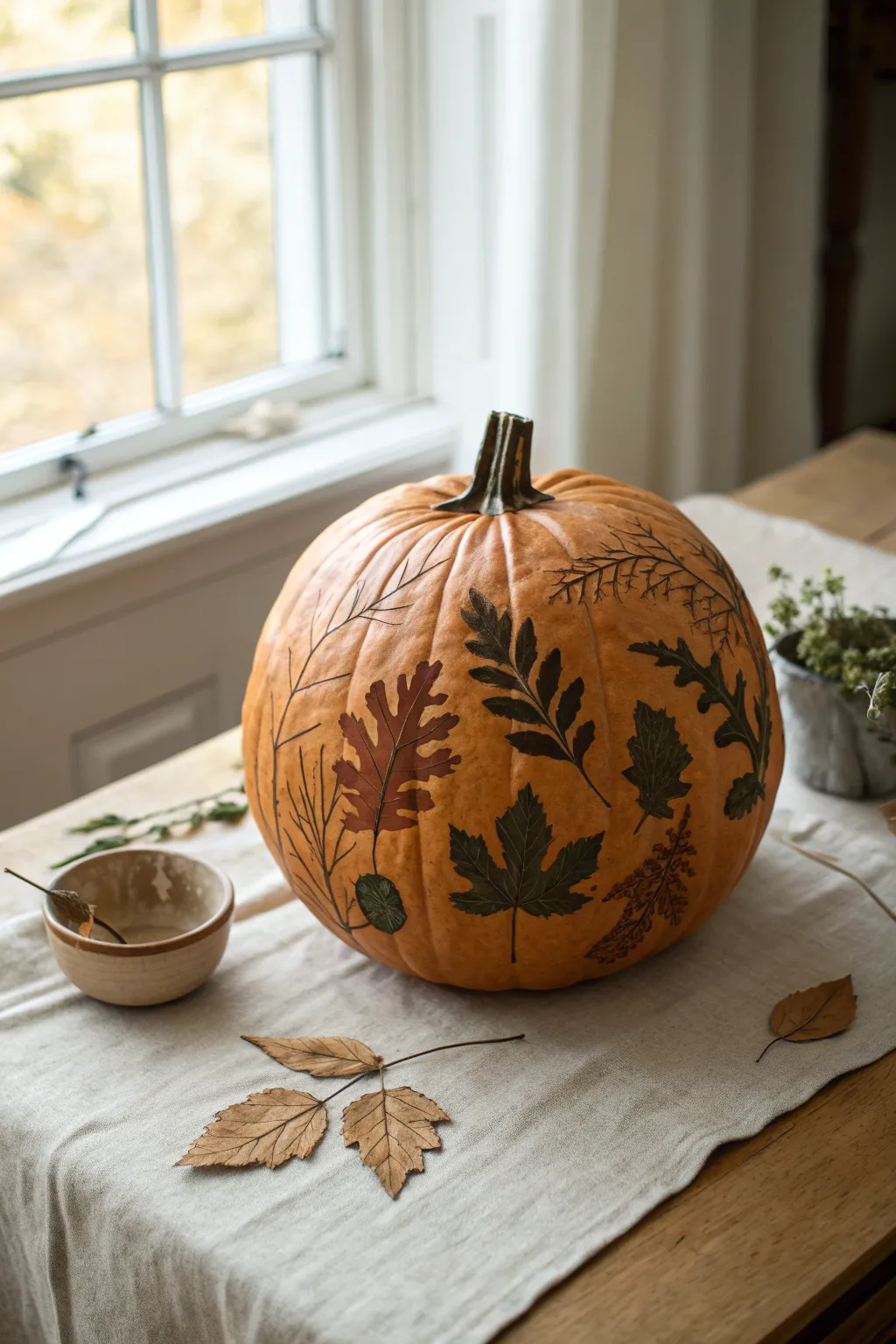 Botanical pressed-leaf pumpkin DIY: a chic no-carve look with earthy studio vibes