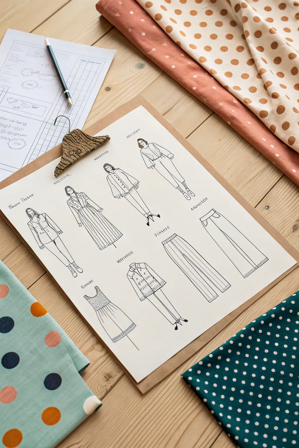 Print practice outfit board: one silhouette repeated in stripes, polka dots, and plaid.