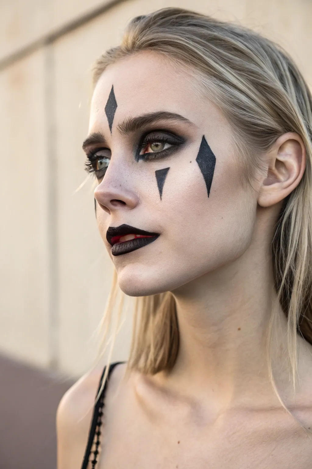 Channel dark elegance with this sharp, minimalist gothic jester makeup look perfect for spooky festivities.