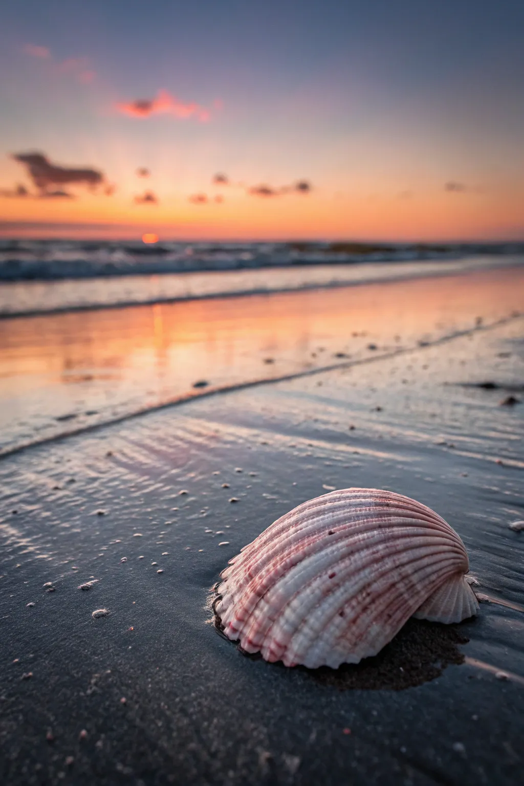 Soft dusk glow over wet sand, a single seashell catching the last warm light tonight.