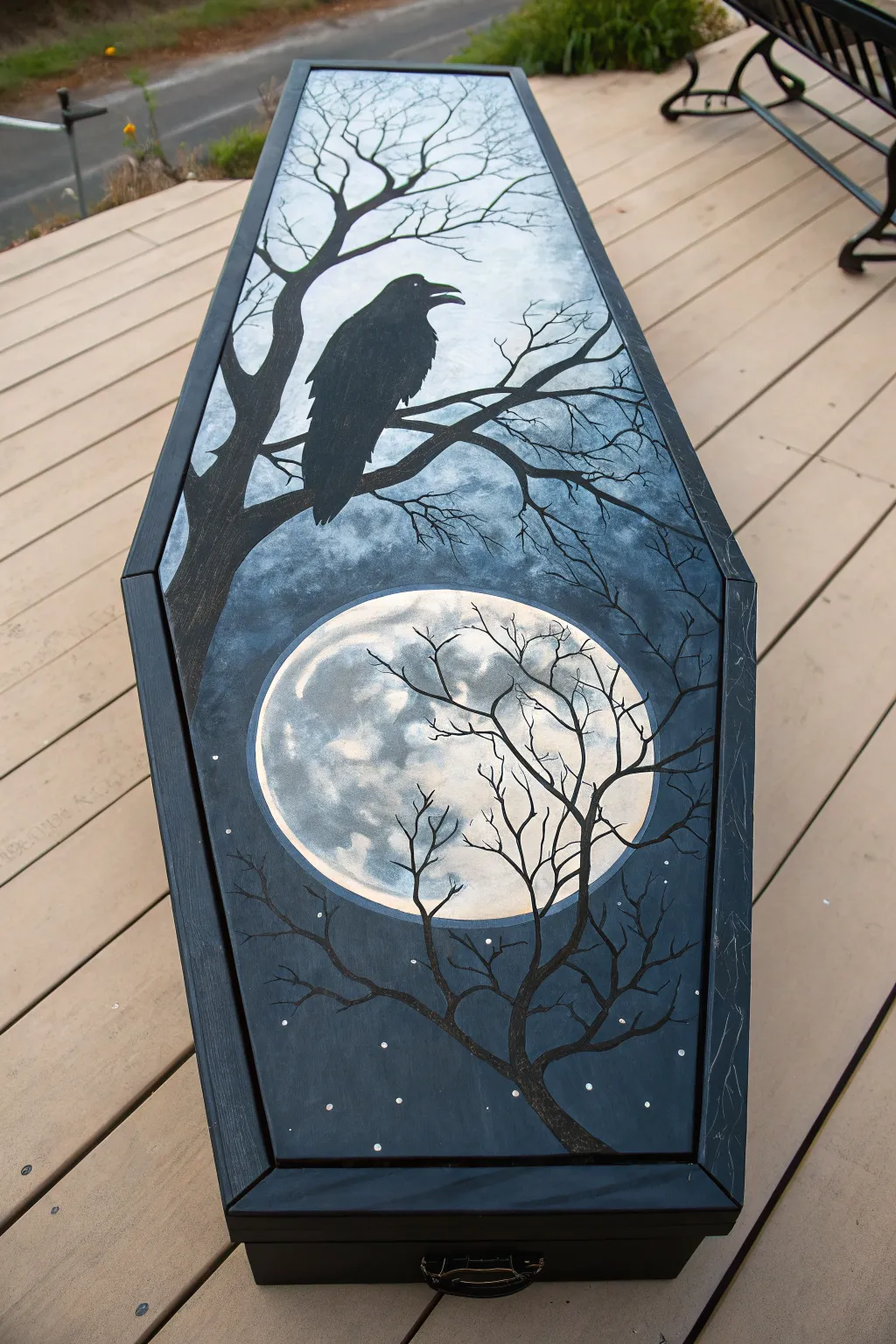Moonlit raven coffin lid art, minimalist Nordic mood with misty midnight blues and bold contrast