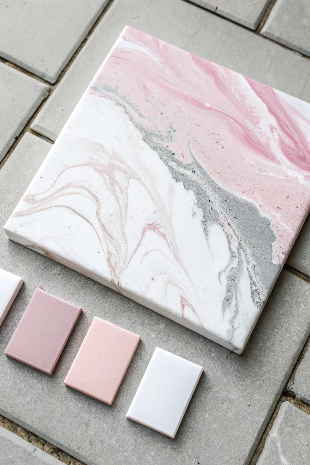 Blush, gray, and white pour painting palette with airy minimal swirls and Scandinavian calm