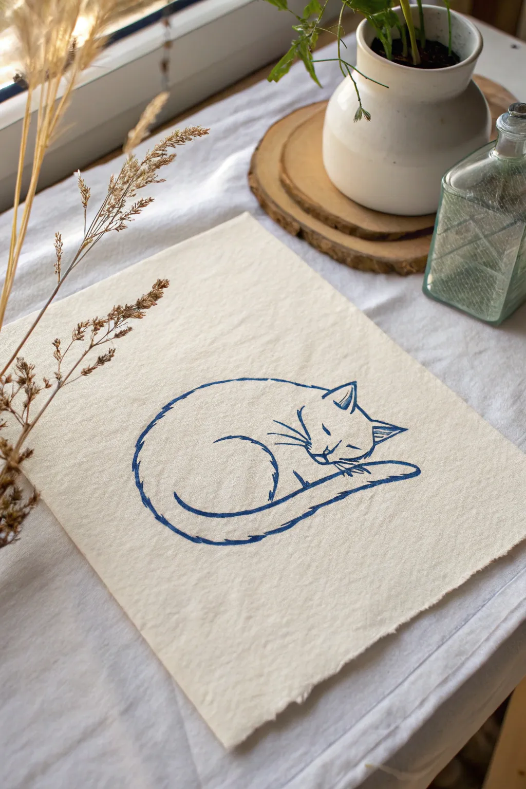 Minimalist pet contour sketch with gentle fur rhythms, bold ink on handmade paper.