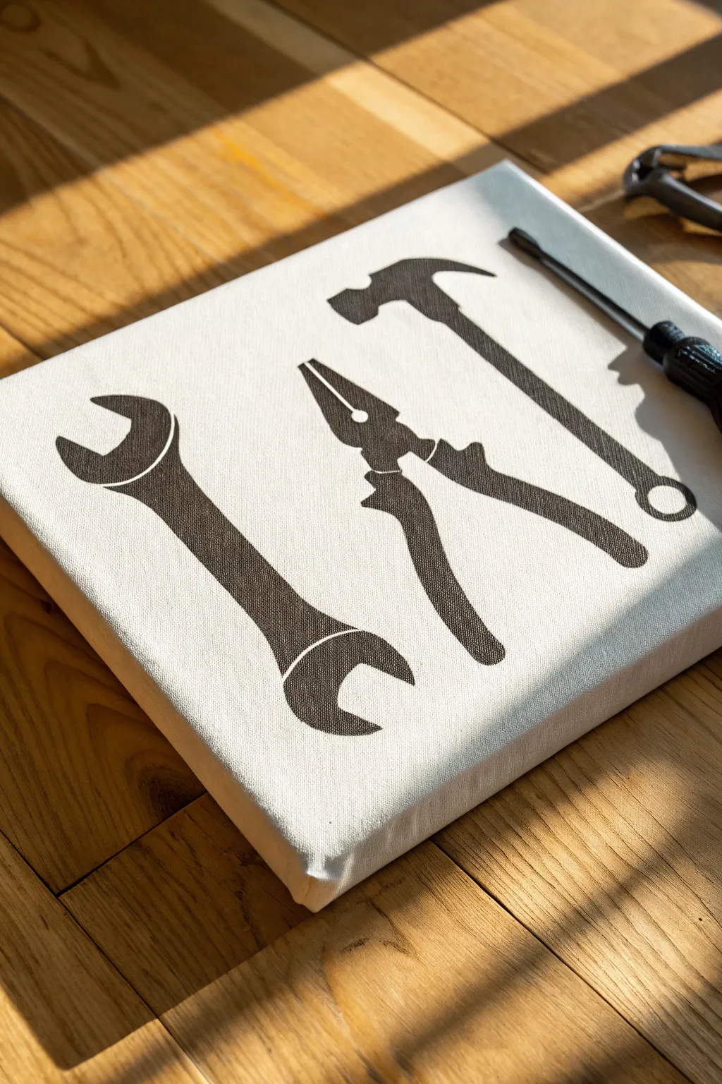 Minimalist tool silhouettes with bold graphic shadows, a striking canvas idea with modern color pop.
