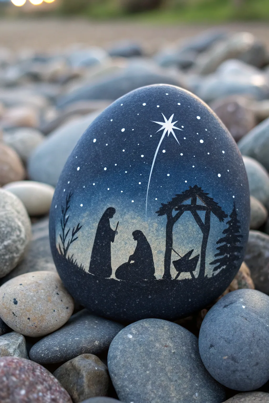 Minimal nativity silhouette on a midnight-sky rock, crowned by one glowing Christmas star