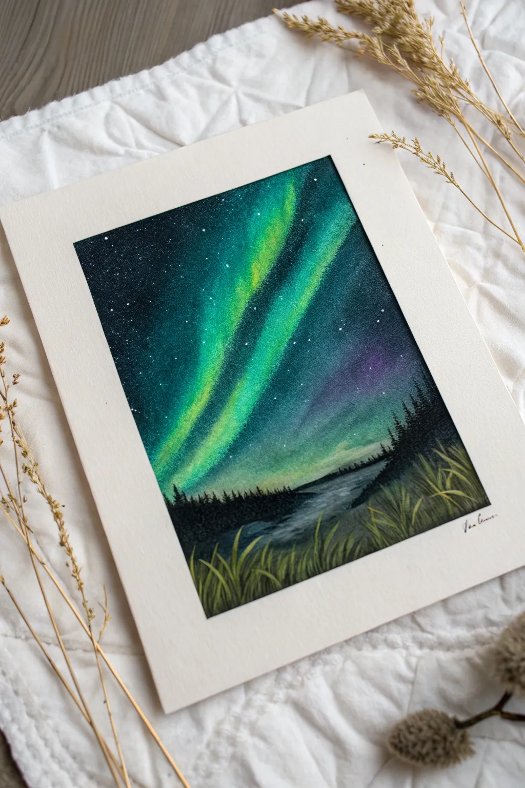 Aurora curtains in oil pastel: bold teal glow over a midnight horizon, simple and striking