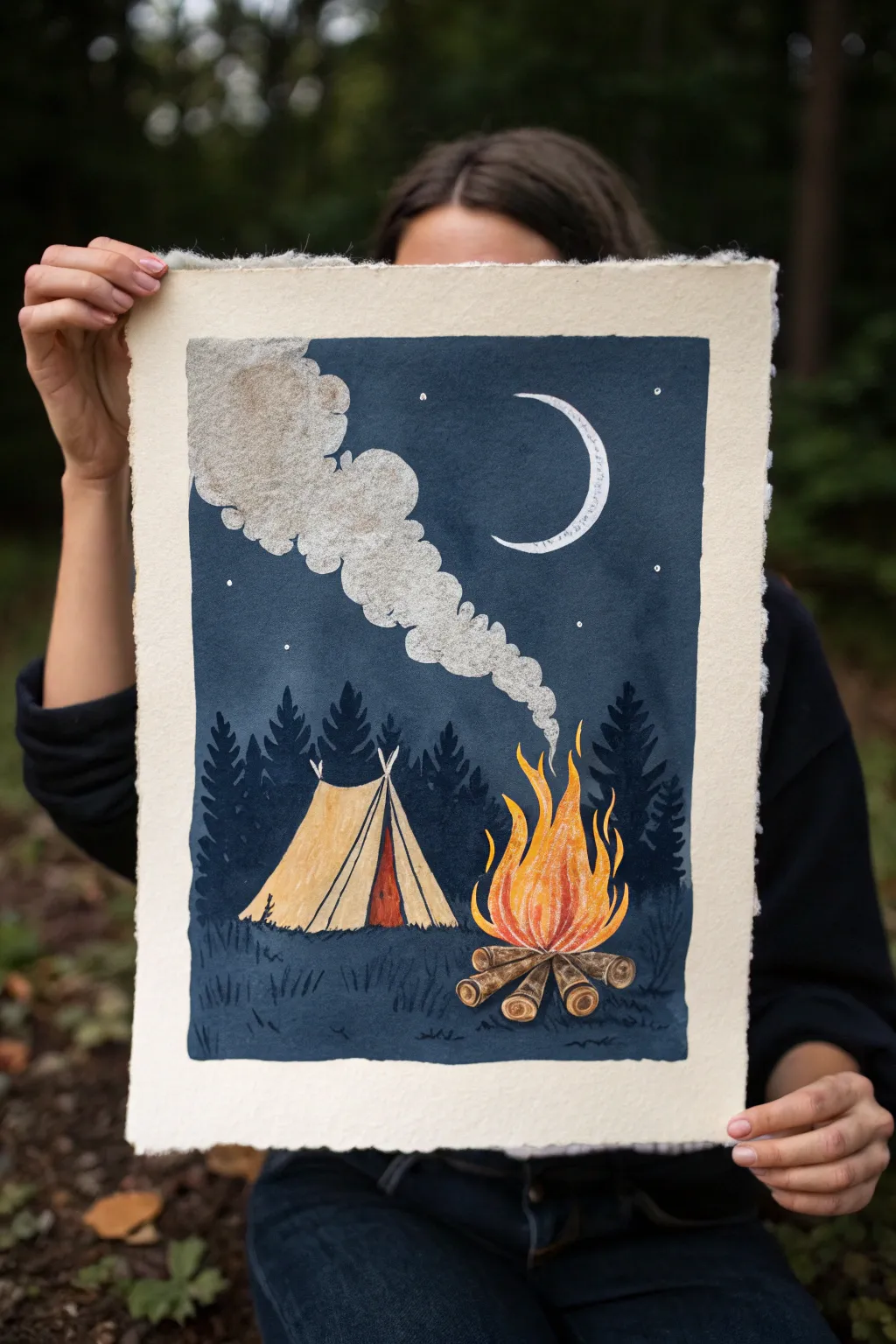 Paint a tiny campfire scene with smoky symbols for bold warm-cool contrast and cozy vibes