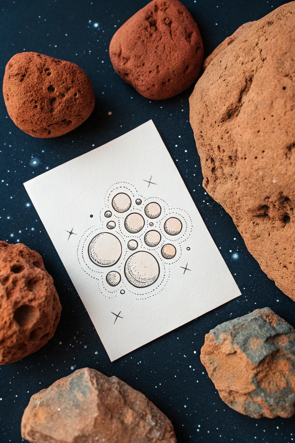 Cracked asteroid cluster sketch idea with bold contrast, layered shading, and clean minimalist vibes