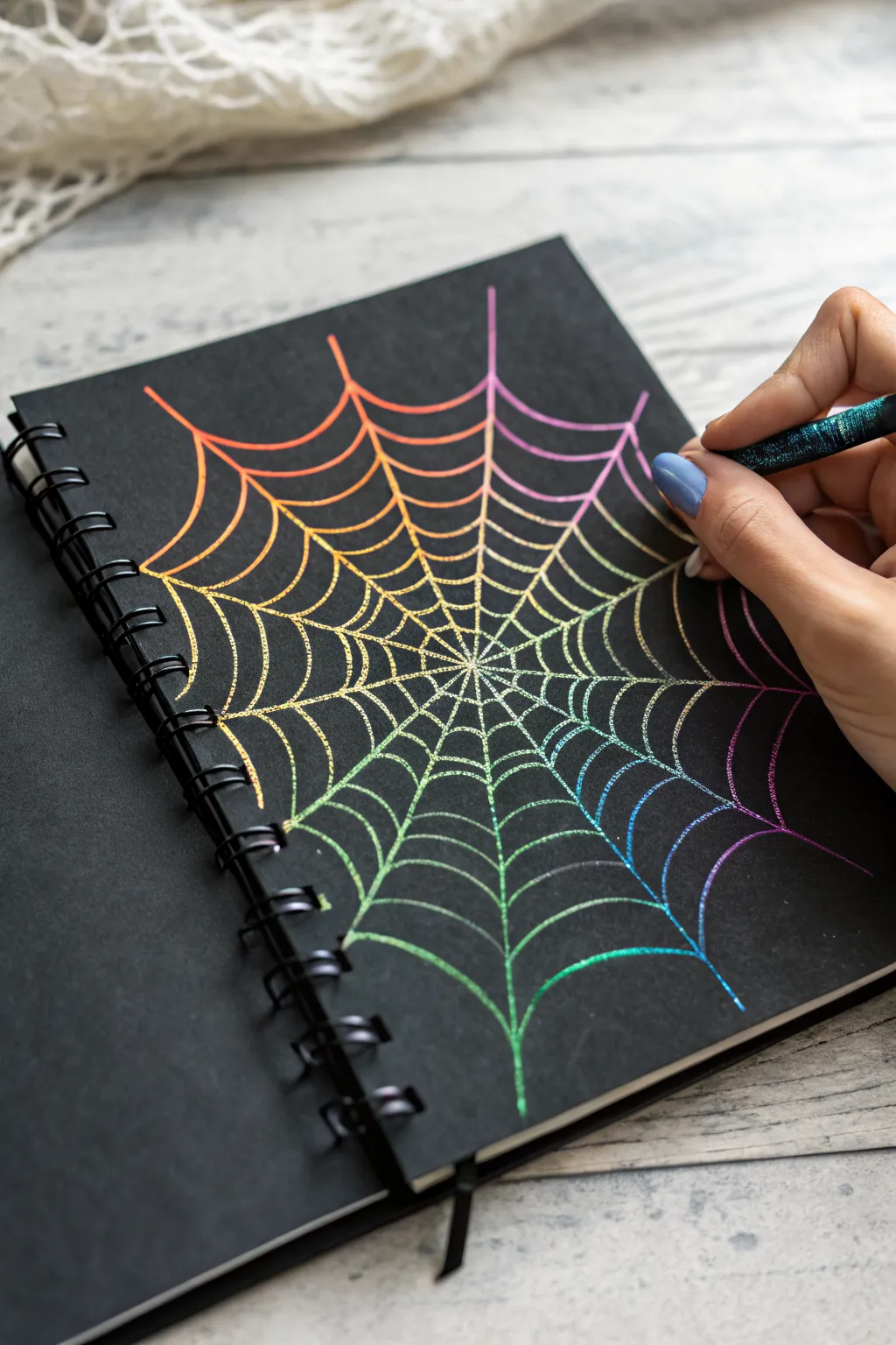 Neon rainbow spider web with crisp spokes and electric gradients on a dark, minimalist backdrop