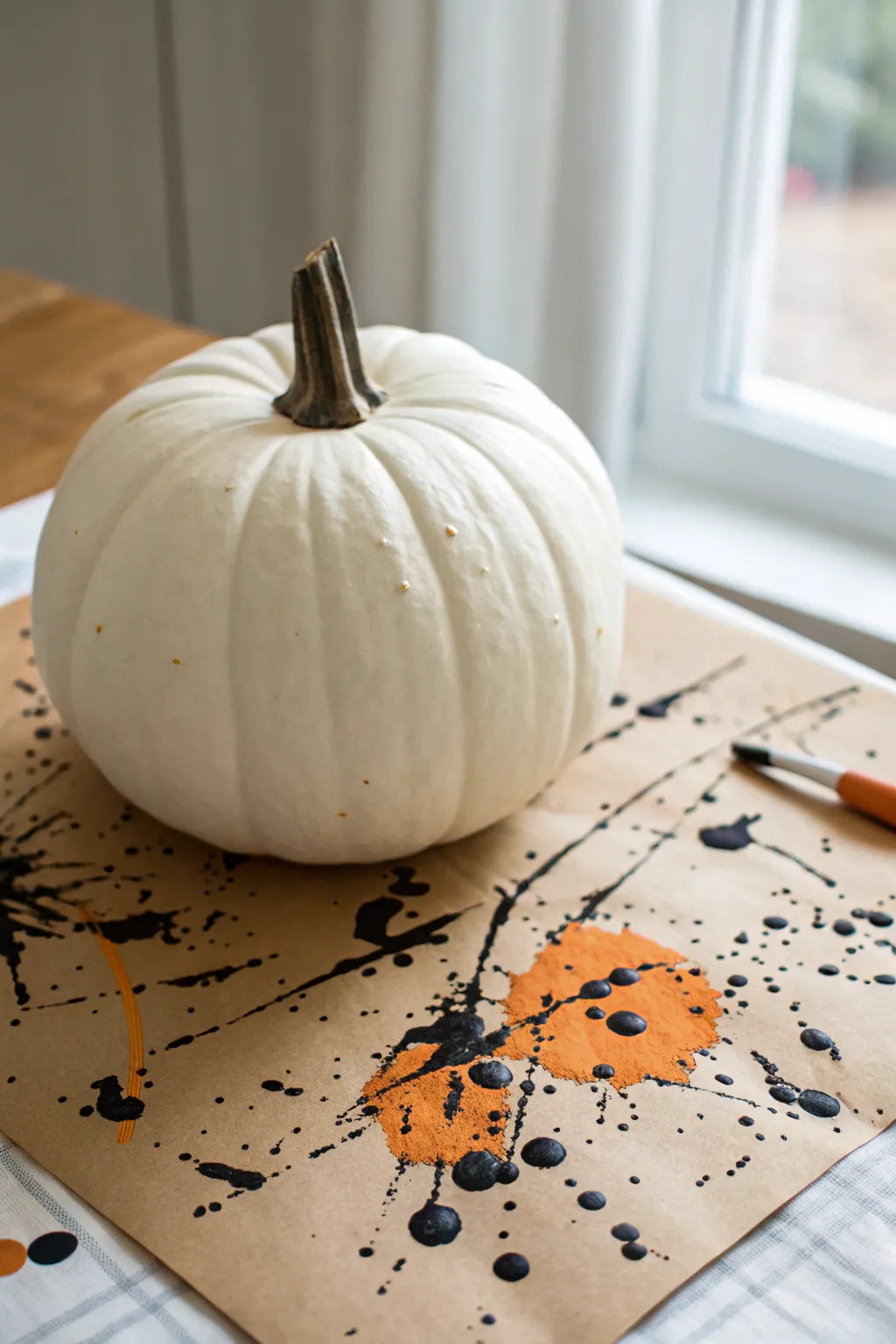 Abstract splatter-painted white pumpkin in bold black and a warm accent for gallery vibes