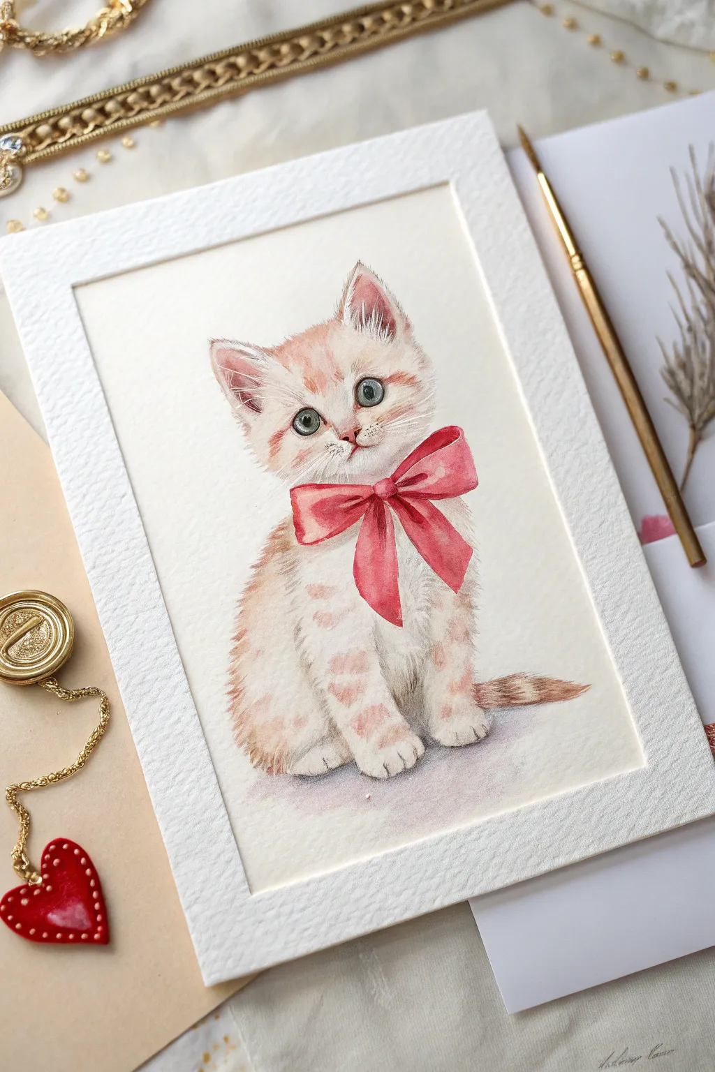 Sweet coquette kitten painting idea: pastel fur, bold ribbon bow, and a tiny heart tag.