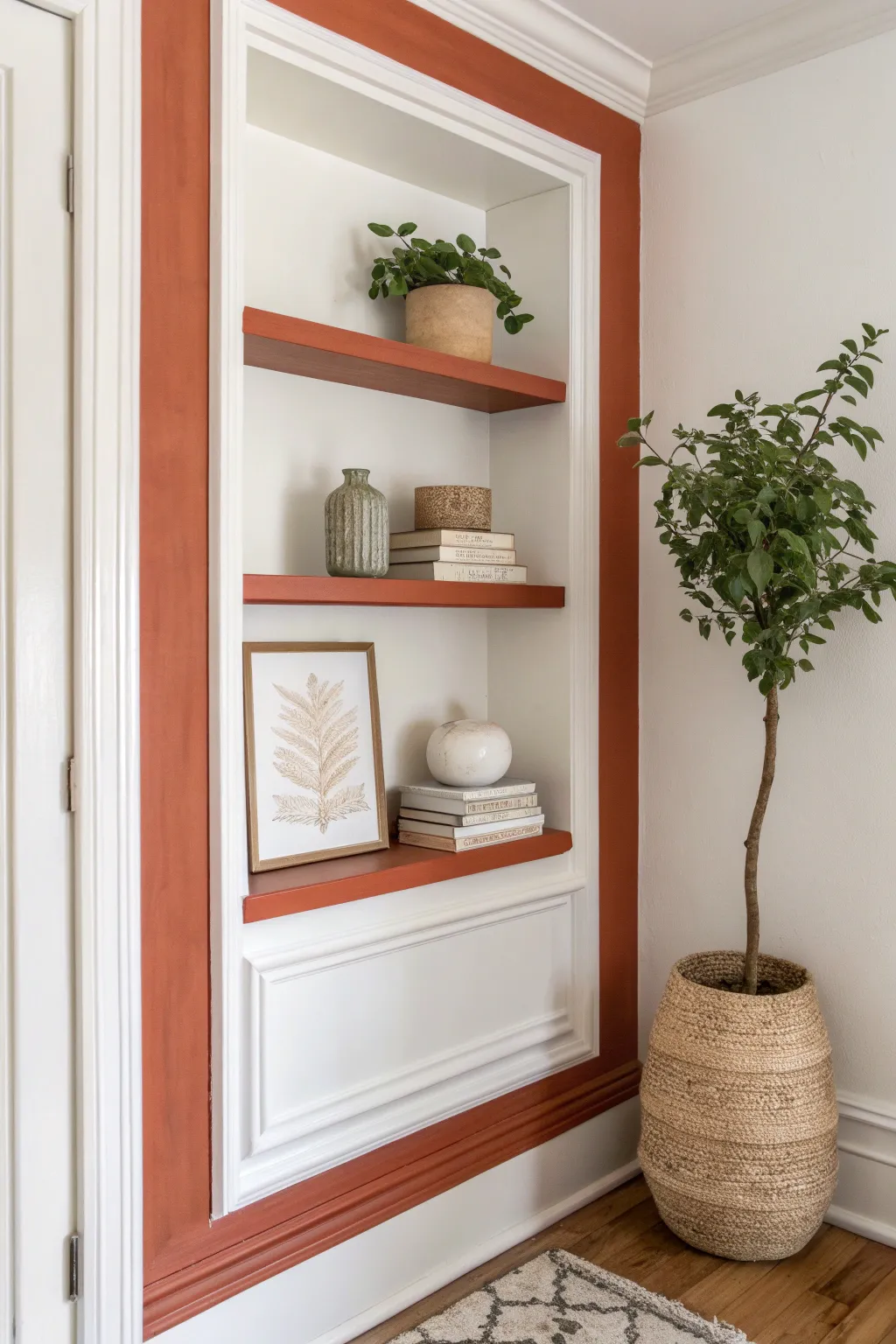 A terracotta painted corner frame makes floating shelves feel like a curated mini gallery.