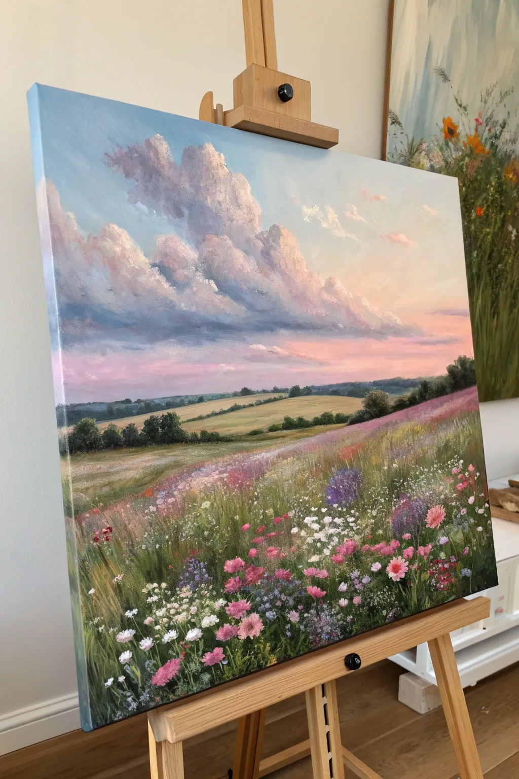Cottagecore canvas: wildflower field glowing under a pink-blue sky, minimal boho vibes.