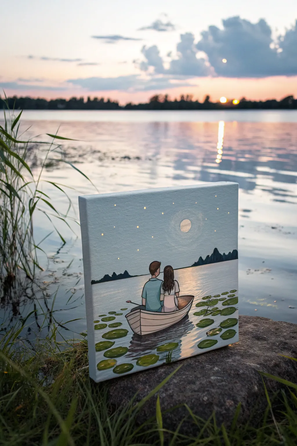 Dreamy cartoon couple boat painting idea with bold twilight hues and Scandinavian calm.