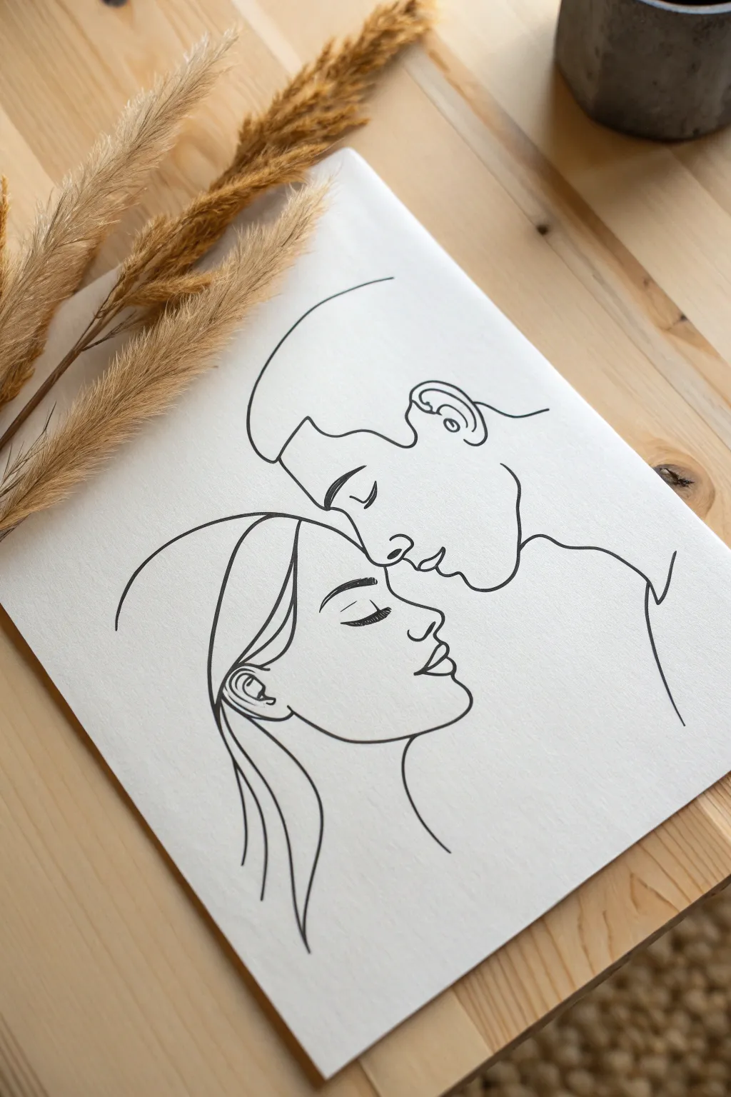 Minimal one-line couple portrait idea: a single continuous stroke with bold, cozy intimacy