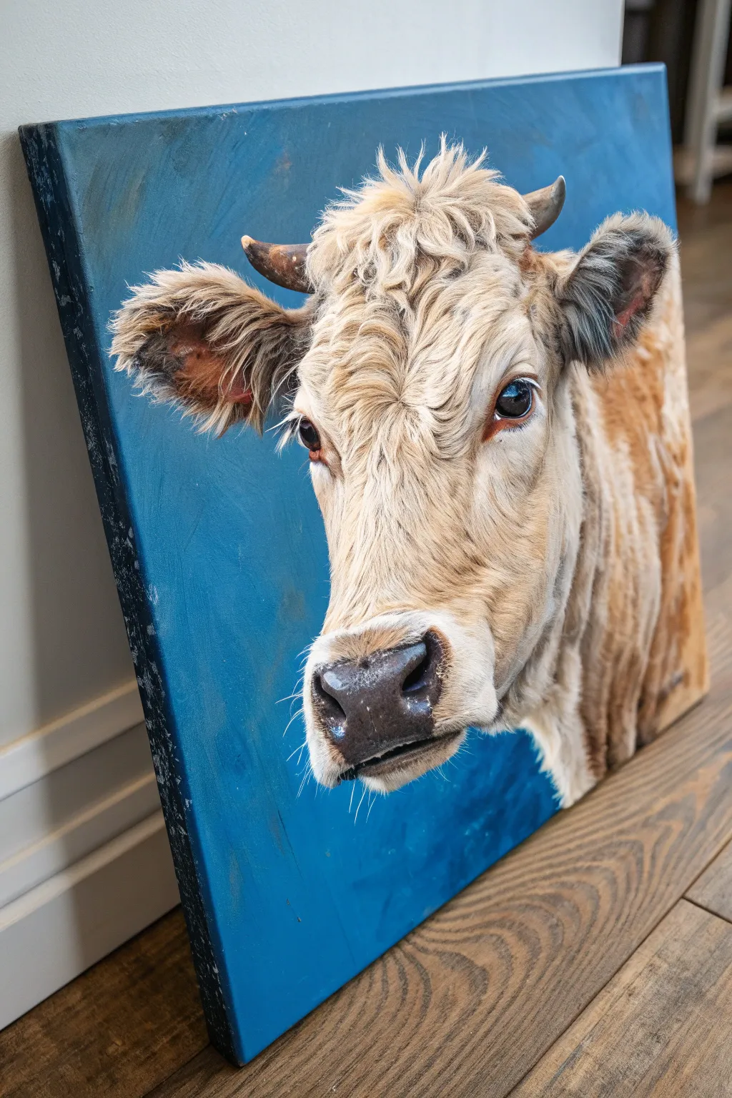 Chunky brushstrokes bring this cow portrait to life with rich texture and modern calm vibes