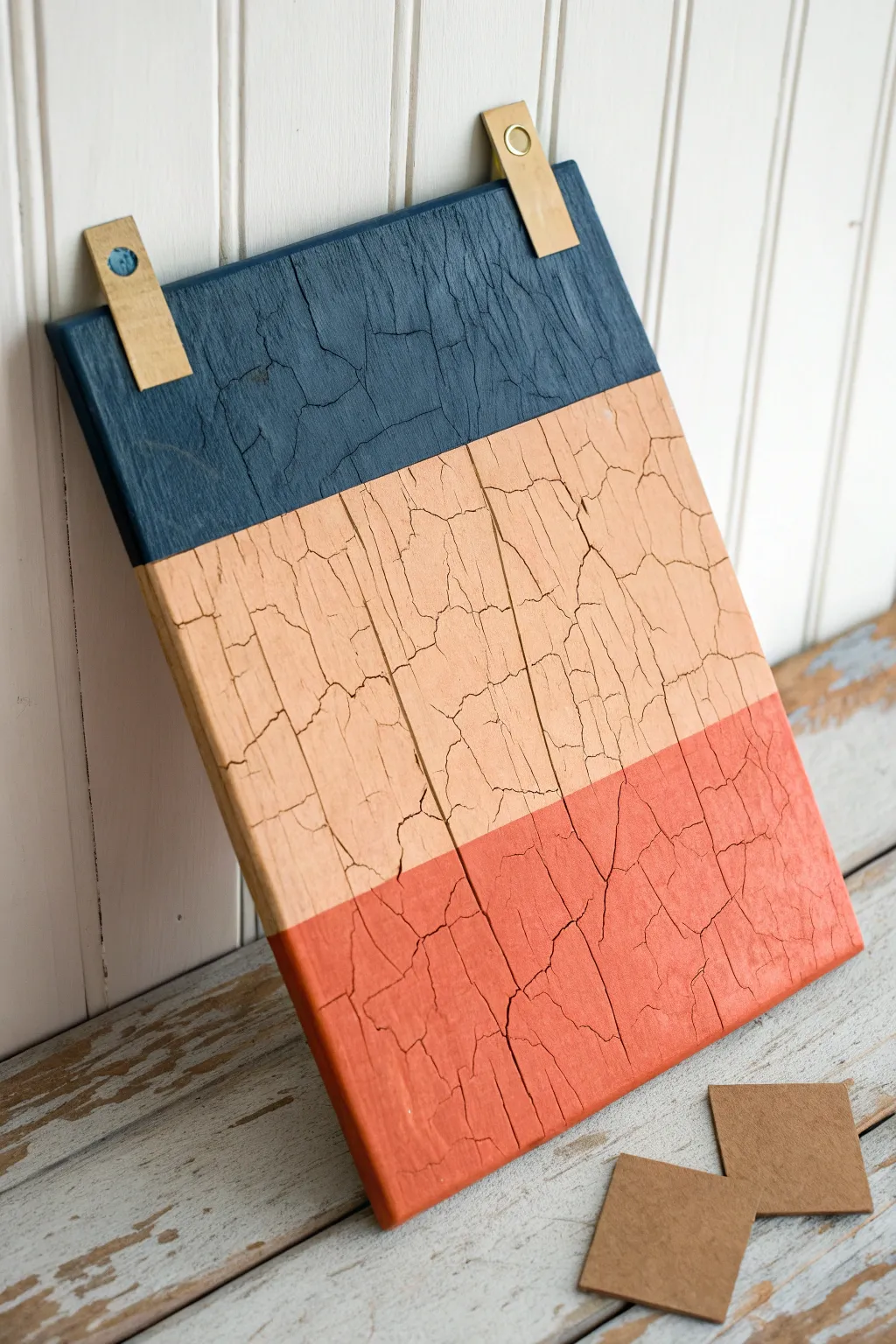 Modern boho crackle layering: coral base, indigo topcoat, and ochre accent for high contrast