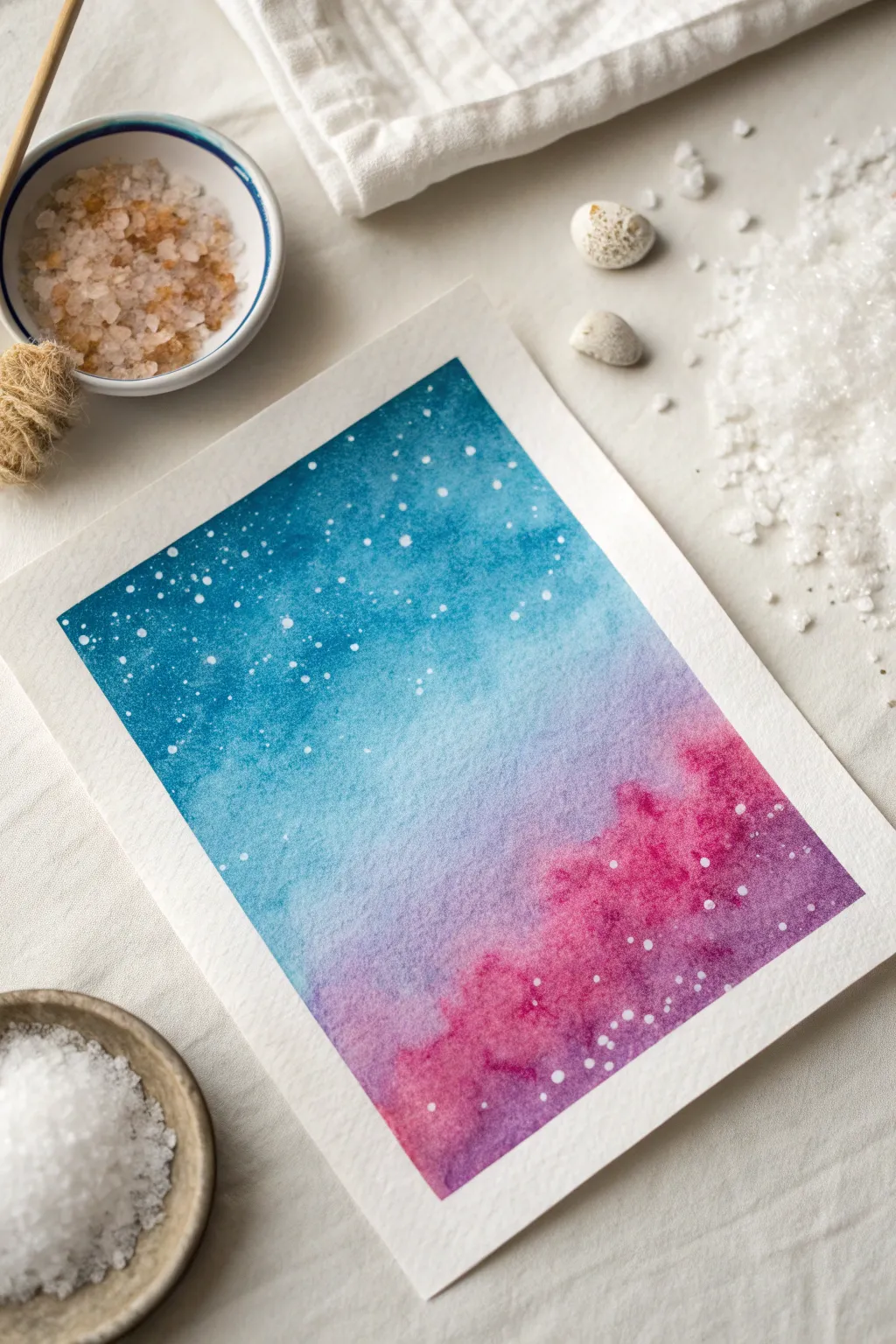 Try salt-bloom watercolor skies for dreamy crystal textures and bold sunset gradients