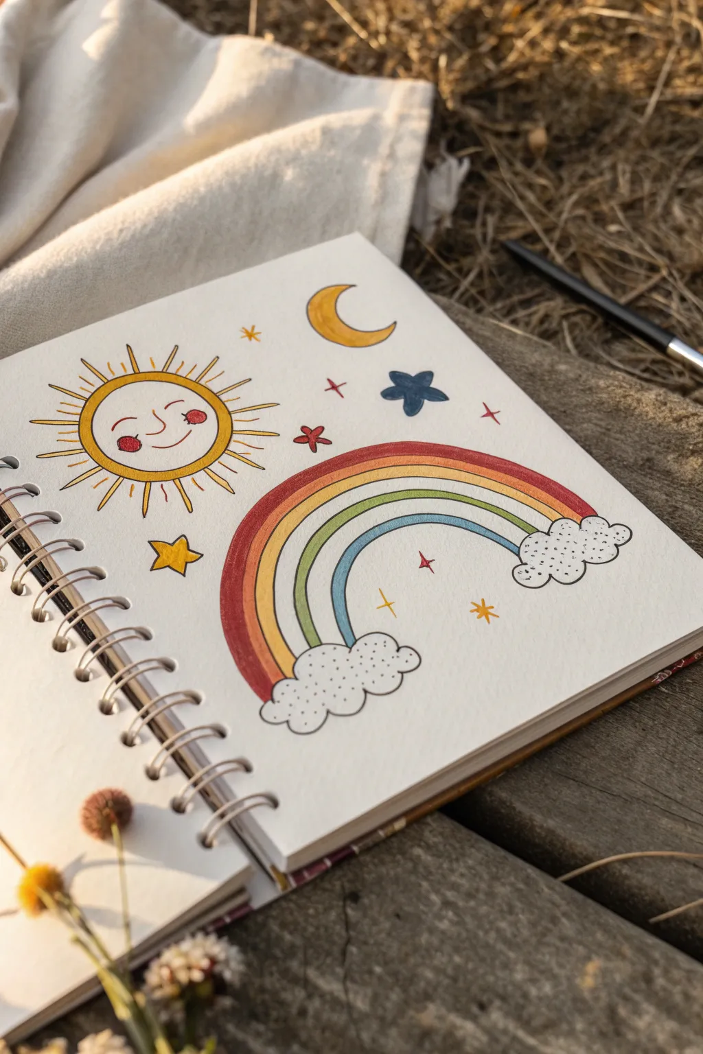 Sun and moon share a bold rainbow sky, minimalist boho drawing inspiration for your next sketch