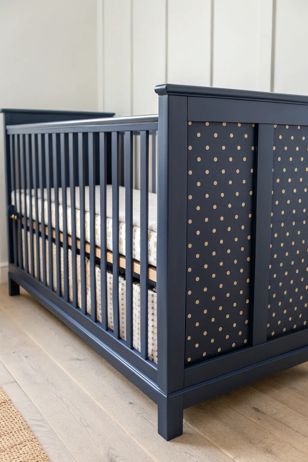 Tiny hand-painted polka dots add sweet charm to a bold crib without feeling busy.