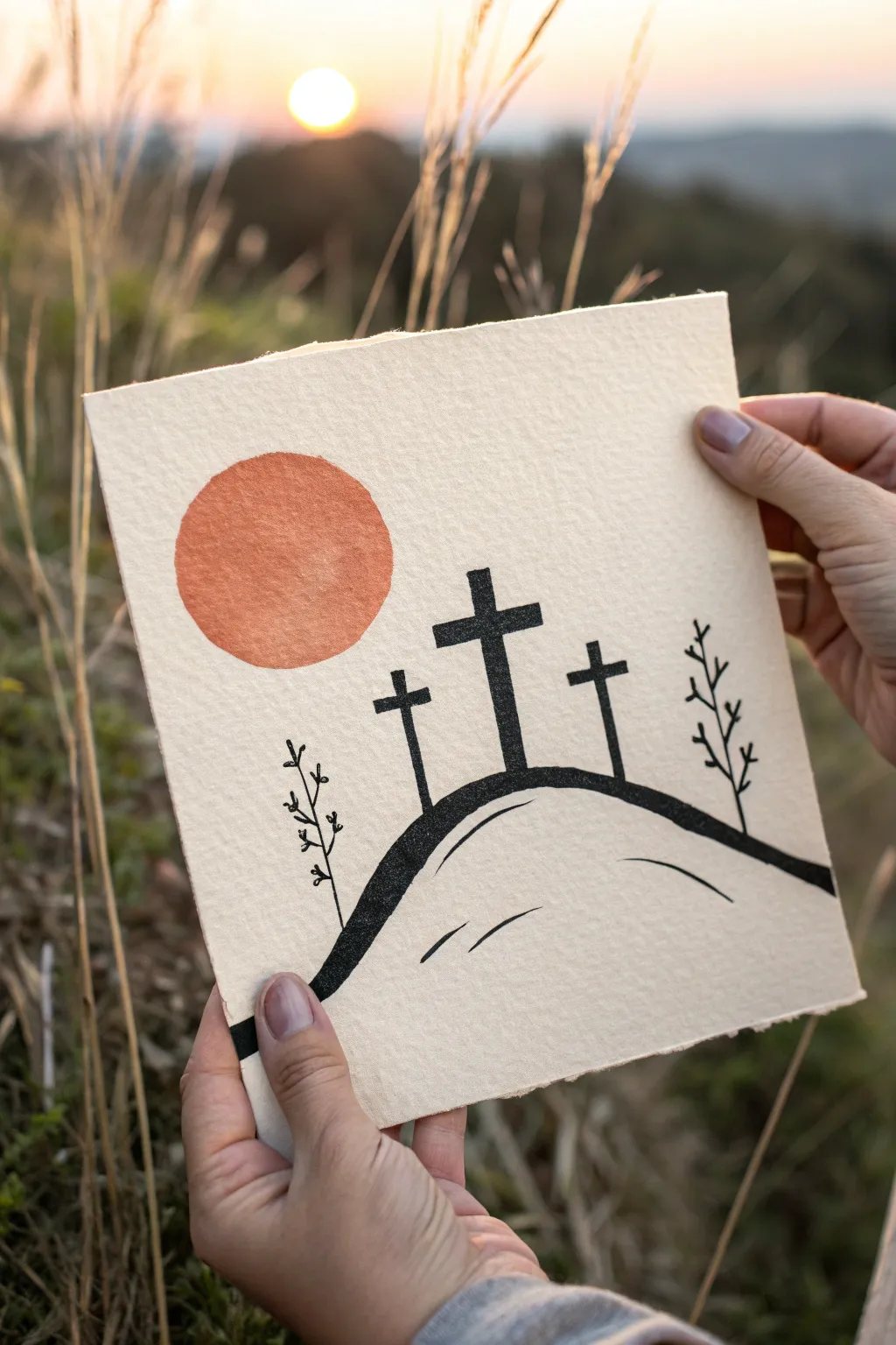 Minimal Calvary hill line art with three crosses, bold terracotta sun, Scandinavian calm