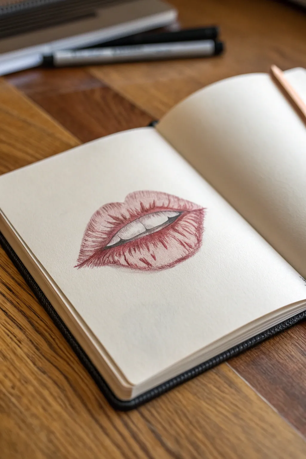 Cross-hatched lips made simple: curved lines, deeper corners, and clean highlight bands for shine.