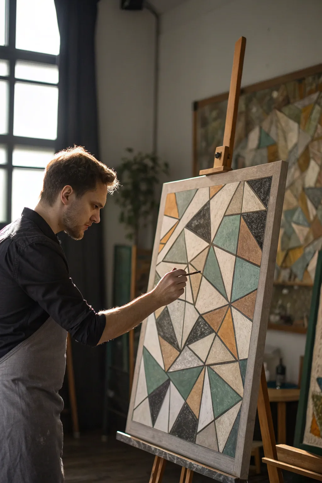 Monochrome Analytic Cubism study with fragmented planes, bold value contrast, and handmade texture.