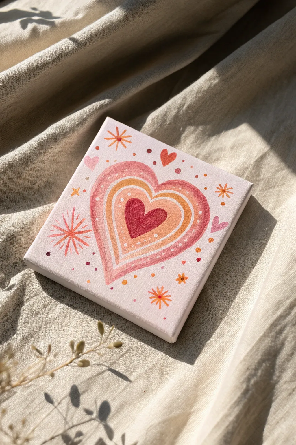 Radiating candy-color heart acrylic painting with sweet dots and tiny stars for a minimalist boho look
