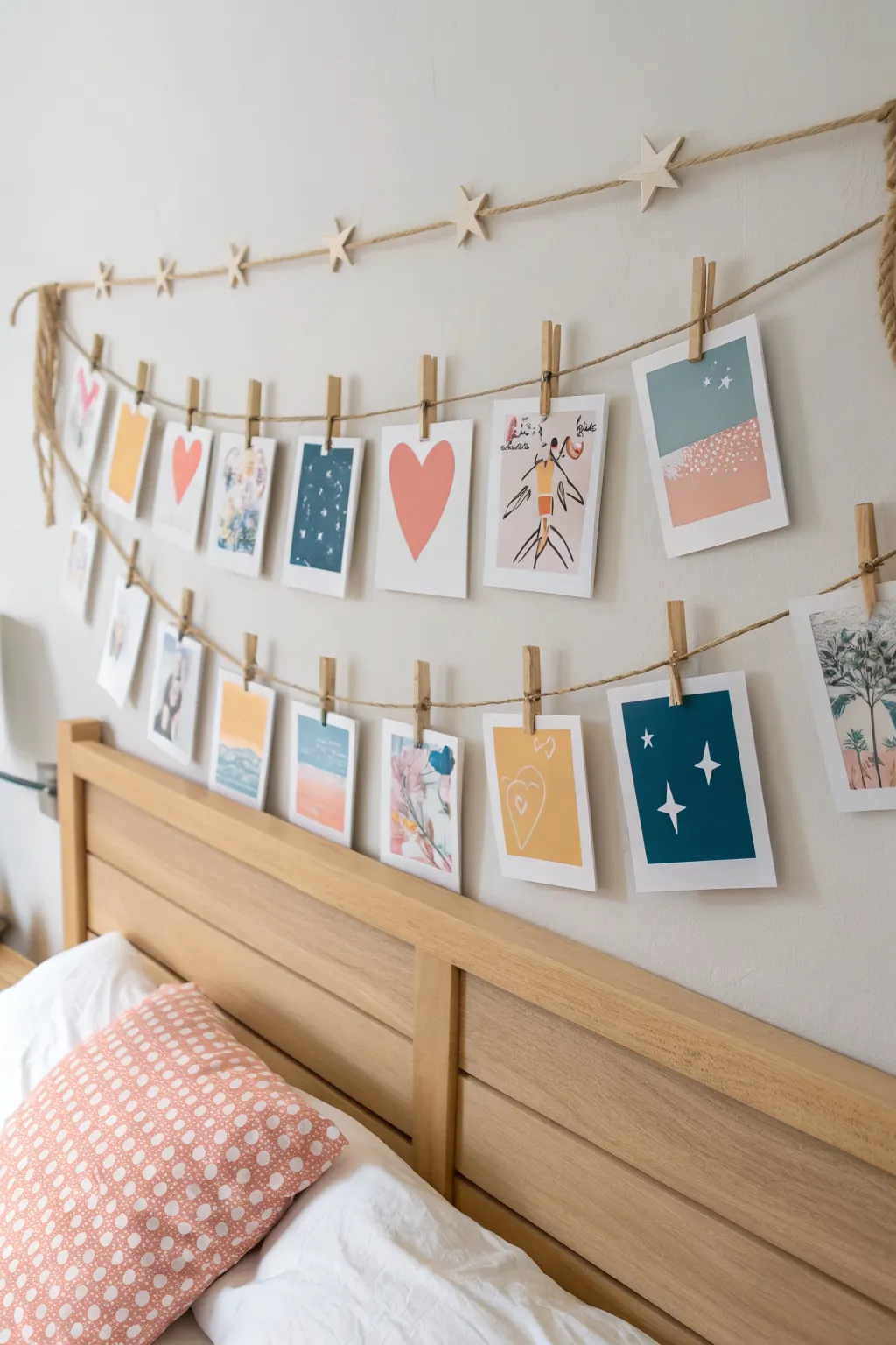 Mini photo string above the bed with sweet star and heart doodles for instant cozy charm.