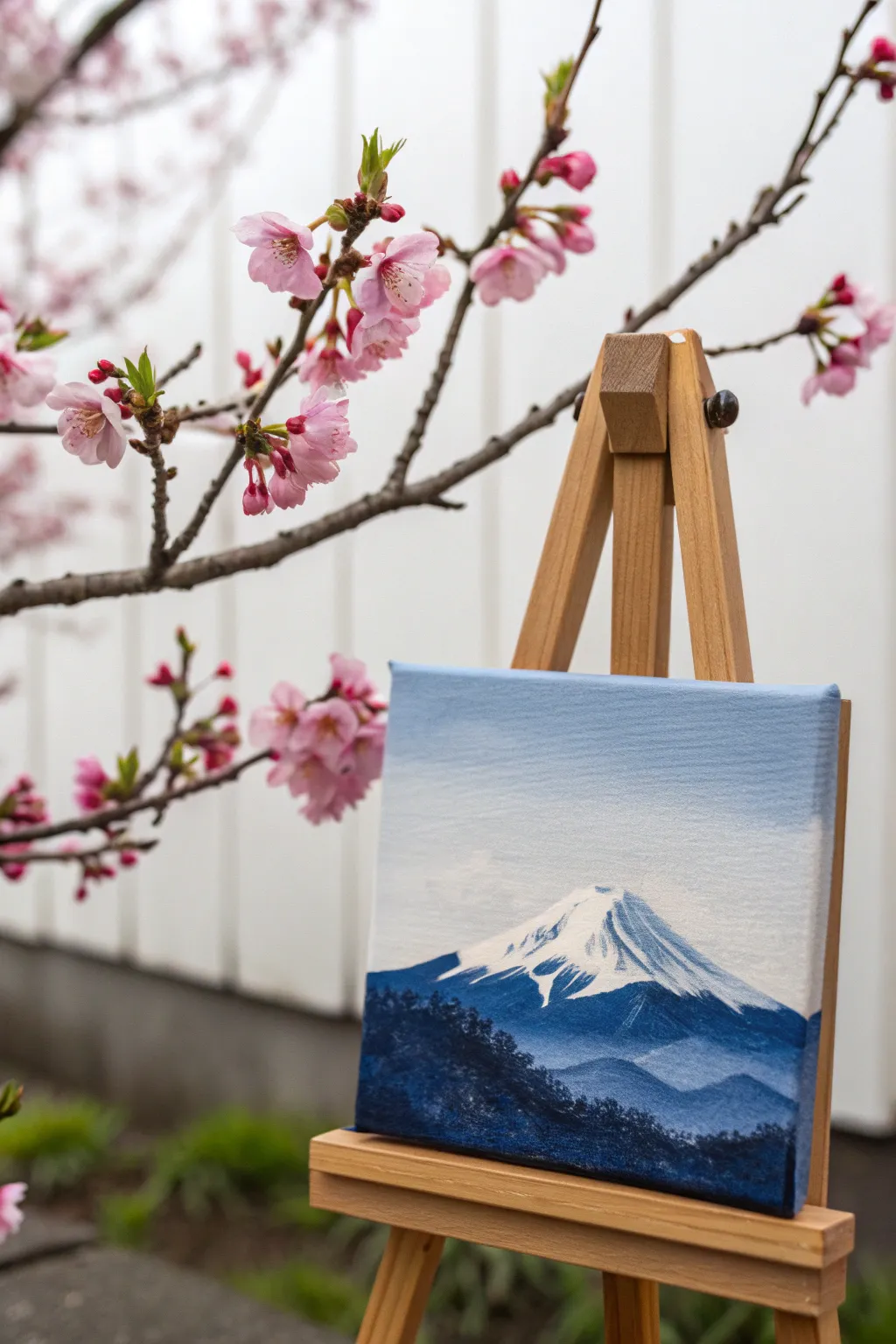 Sweet minimalist cherry blossom corner frame with a tiny mountain for calm cute canvas vibes.
