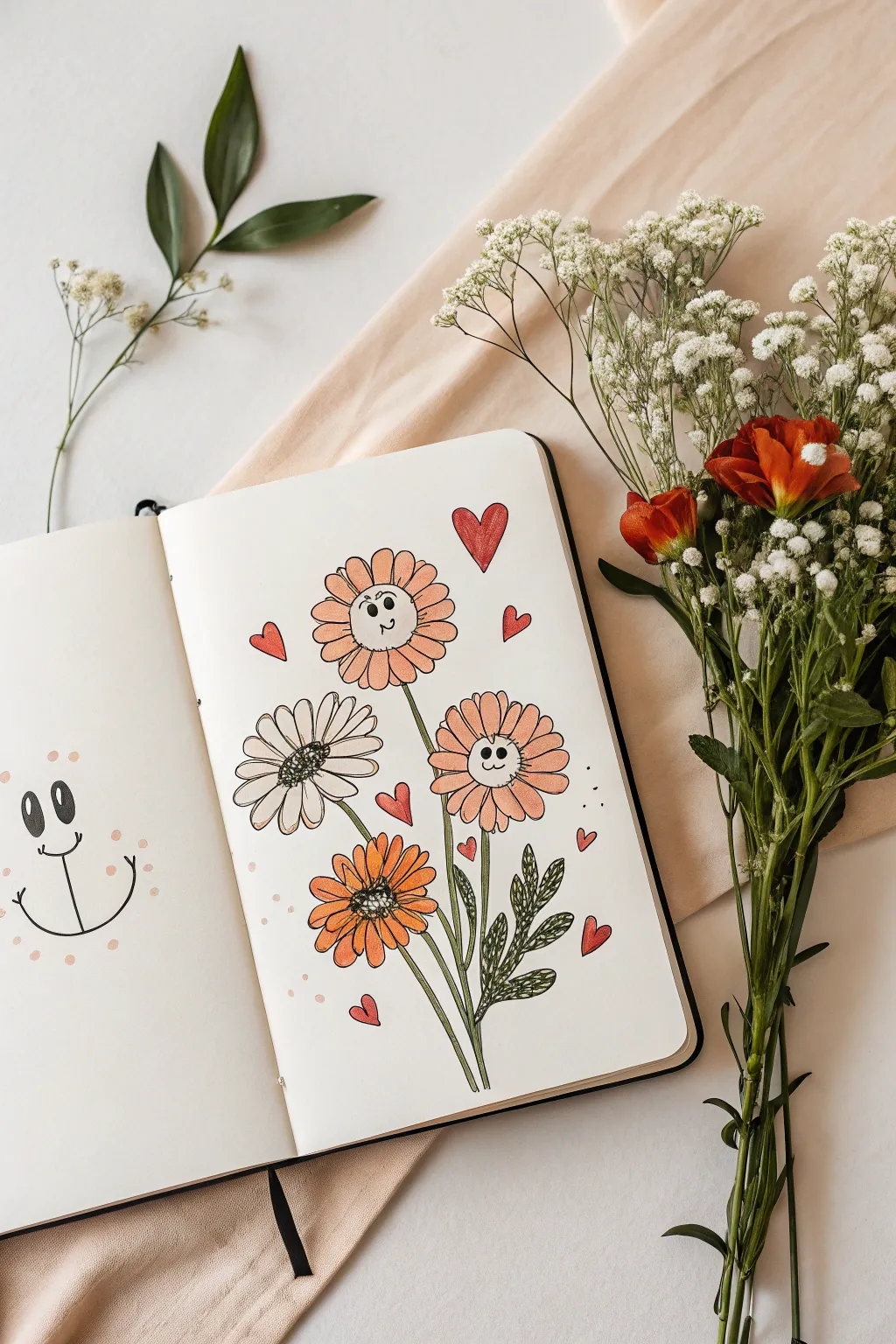 Mini bouquet illustration with sweet flower faces and heart accents in bold Scandinavian boho tones