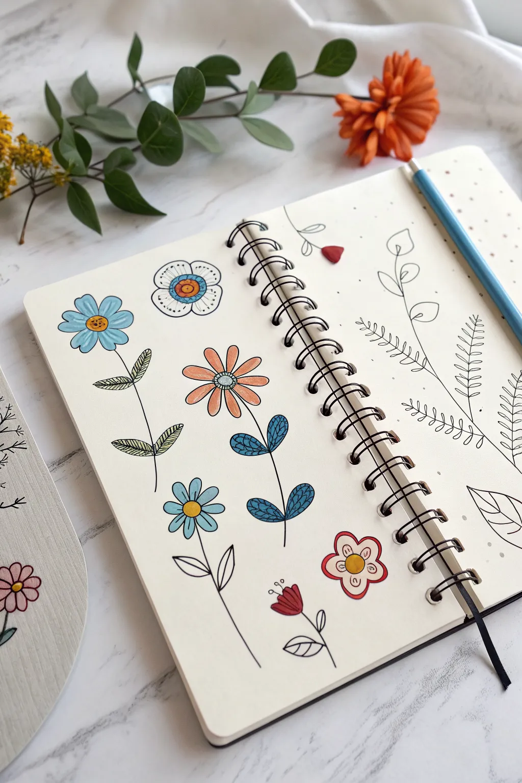 One-line flower doodles with tiny faces, simple sketchbook studies for relaxed drawing inspo