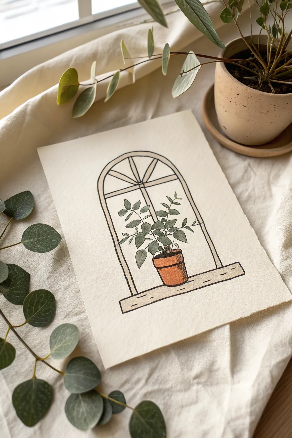 Minimal arch-frame potted plant doodle in sage green and terracotta for calm boho vibes