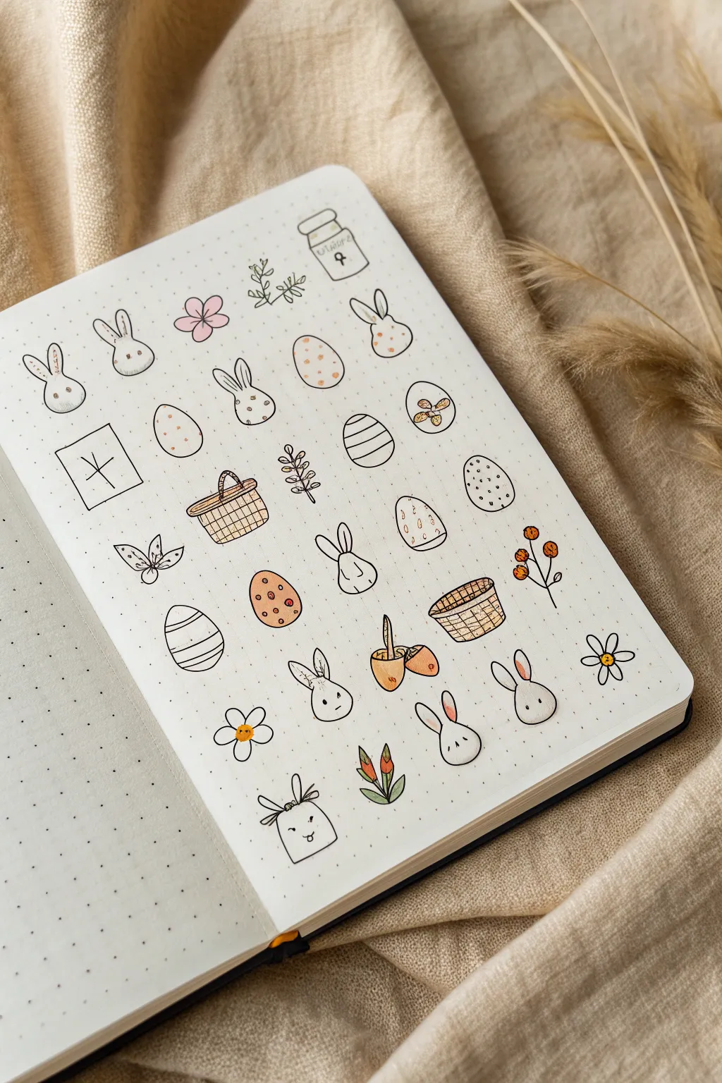 Mini Easter icon doodle sheet with bunnies, eggs, chicks, carrots, flowers, and a basket