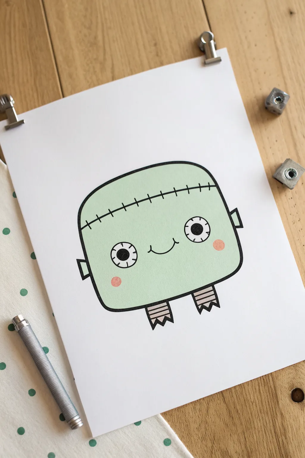Cute Baby Frankenstein doodle: simple shapes, bold contrast, and a sweet not-spooky smile