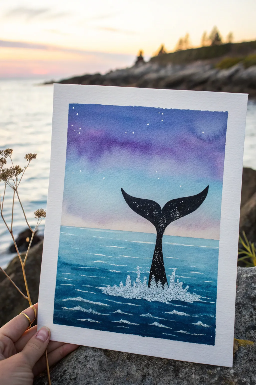 Calm whale tail silhouette over a dreamy gradient sea, an easy painting idea to try today.