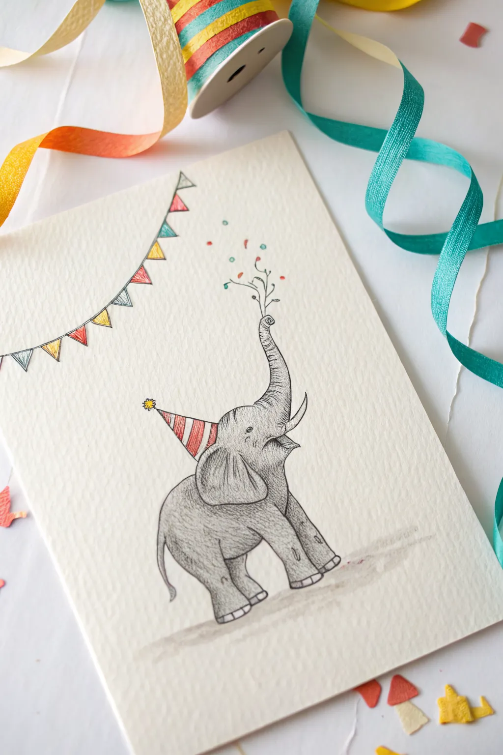 Simple baby elephant with party hat and confetti in a bold Scandinavian-boho card style