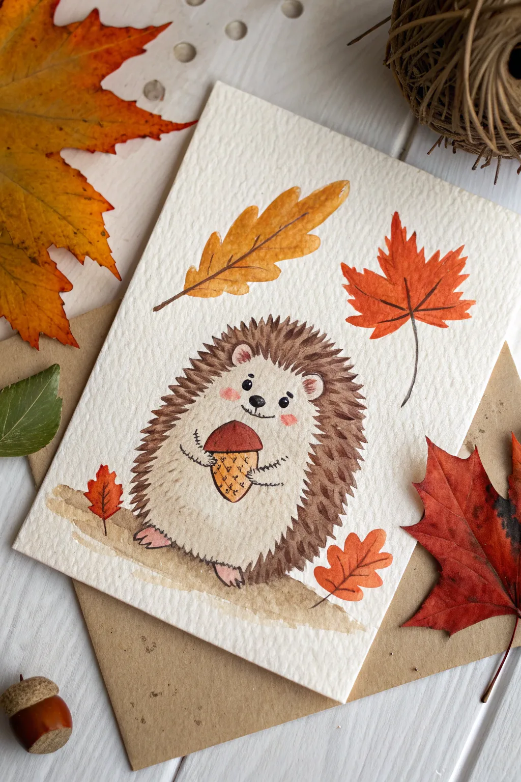 Chubby woodland hedgehog with an acorn, painted in bold cozy fall colors and clean lines