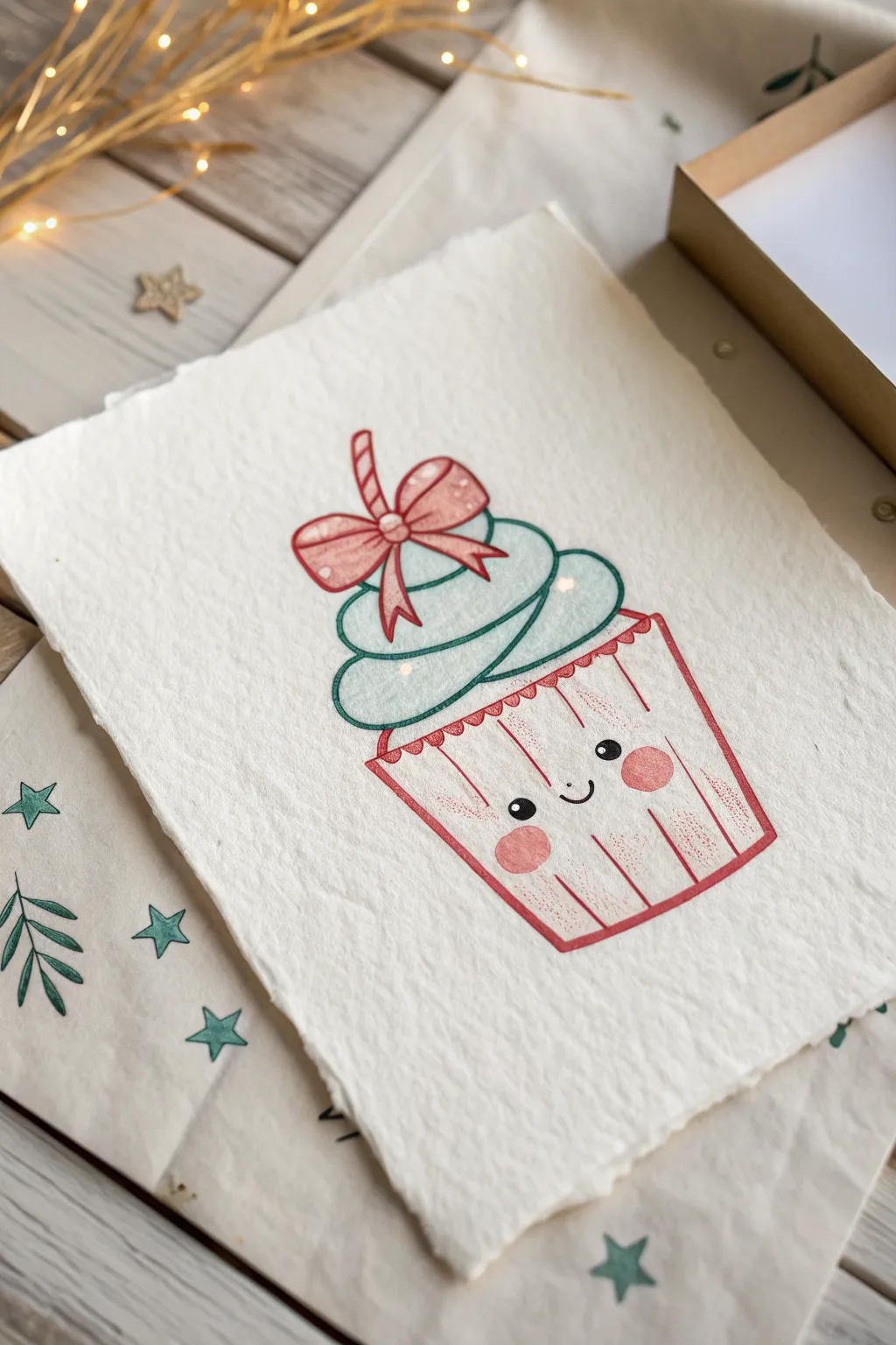 Sweetest gift doodle: cupcake-style box character with frosting lid, bow, and rosy cheeks