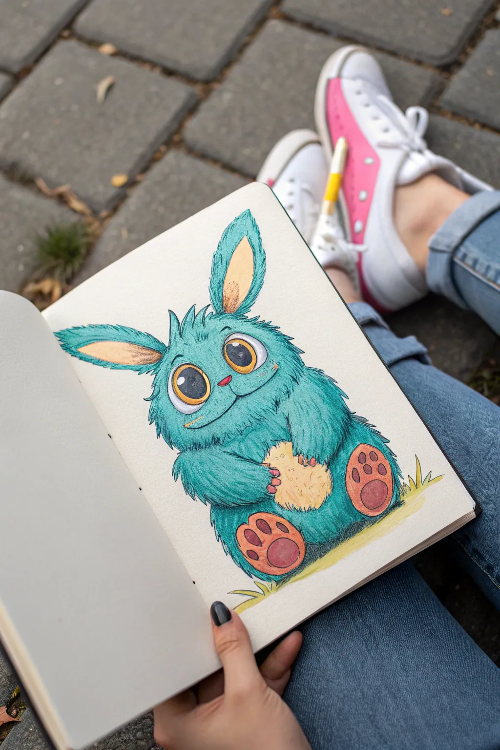 Bunny-eared monster pal drawing idea in bold colors, cozy minimalist Scandinavian-boho feel
